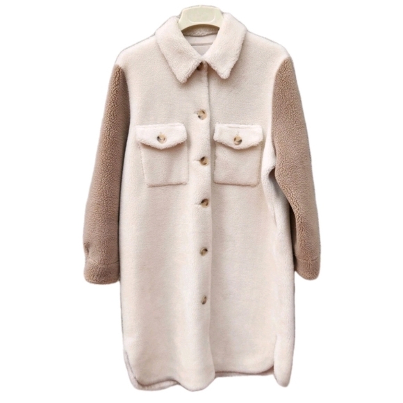 REBECCA MINKOFF Women's Teddy Sherpa Shirt Jacket Extra Large Cream Tan Faux Fur - Picture 2 of 11